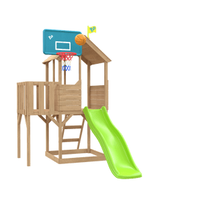 The TP Toys Treehouse Wooden Play Tower features a wavy slide, wooden balcony, blue basketball hoop with ball, and is FSC® certified—perfect for endless outdoor fun.
