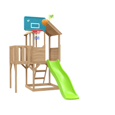 The TP Toys Treehouse Wooden Play Tower features a wavy slide, wooden balcony, blue basketball hoop with ball, and is FSC® certified—perfect for endless outdoor fun.