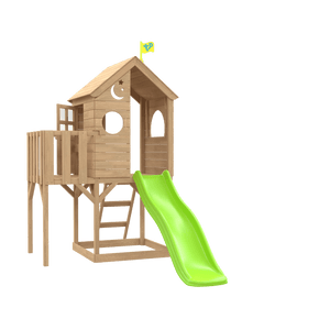 The TP Toys Treehouse Wooden Play Tower features a wavy slide, wooden balcony, panel kit, circular and oval windows, ladder, and a cheerful yellow flag. FSC® certified for sustainability.