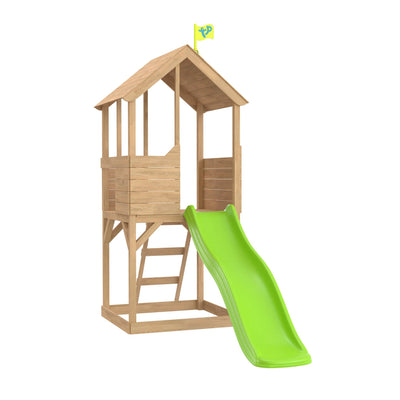 The TP Toys TP Treehouse Wooden Play Tower with Wavy Slide – FSC® certified – features a small roof, open sides, ladder, green wavy slide at the front, and a yellow flag on top for extra charm.