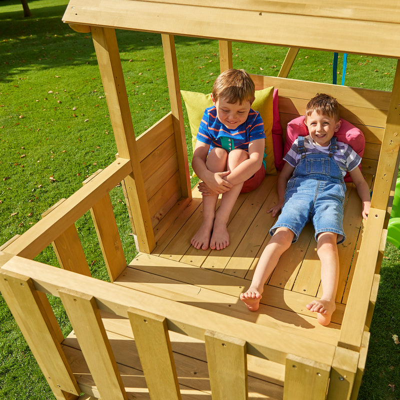 Treehouse wooden play tower, with Panel kit, balcony, wavy slide & swing arm - FSC<sup>&reg;</sup> certified