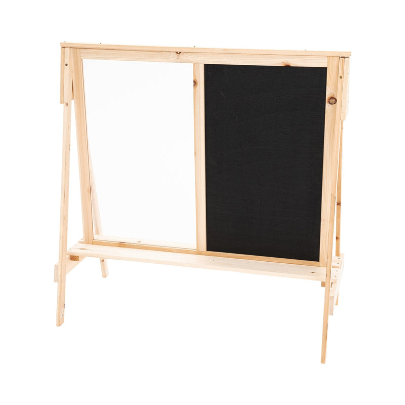 The TP Toys TP Two-Way Play Easel features a split board with a white dry-erase surface on the left and a black chalkboard on the right—ideal for creative play.