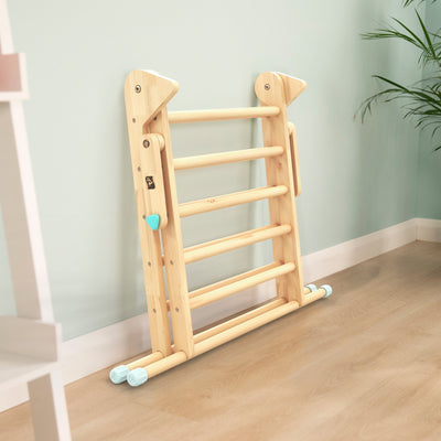 The Energetic Play Pack by TP Toys, featuring a Pikler-style wooden climbing triangle from the Active-Tots range, stands on a light wood floor by a pale green wall, next to a plant.