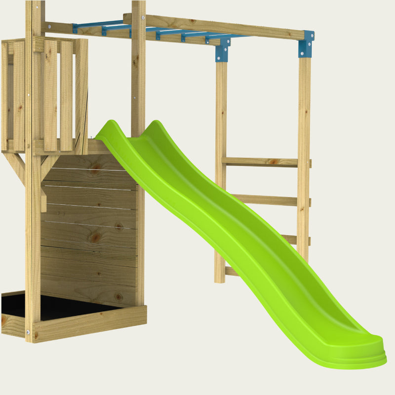 The TP Toys Skywood Wooden Tower Climbing Frame features an FSC® certified design with monkey bars, a Ripple slide, single swing arm, climbing wall, small platform, and a sandbox area below.