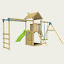 Experience endless fun with the TP Skywood Wooden Tower Climbing Frame by TP Toys, featuring a ripple slide, monkey bars, single swing arm, climbing wall, ladder, sandbox, and a playhouse—all FSC® certified for outdoor play.