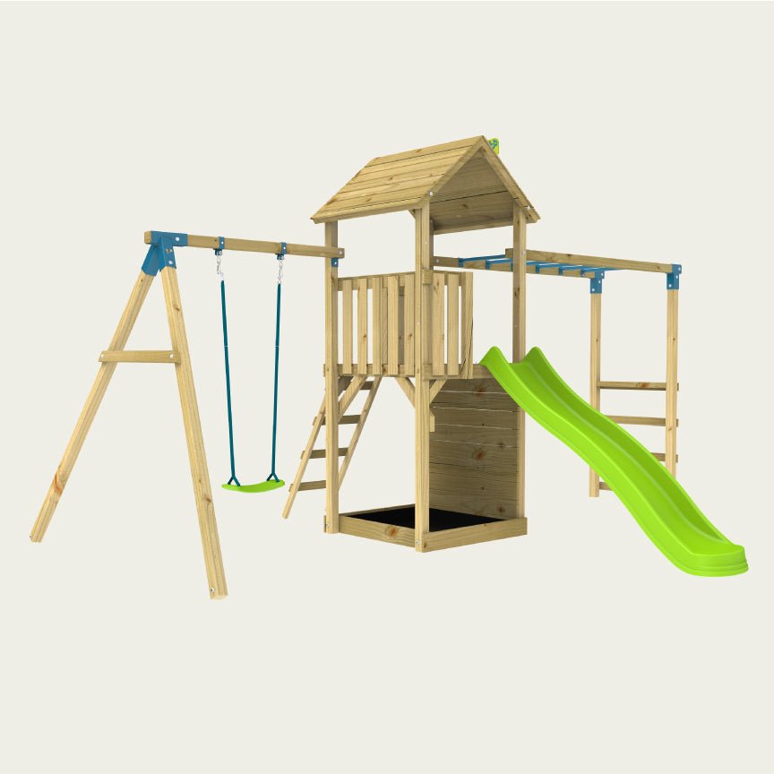 The TP Toys Skywood Wooden Tower Climbing Frame features a Ripple Slide, monkey bars, and single swing arm—FSC® certified and perfect as a compact backyard playset.