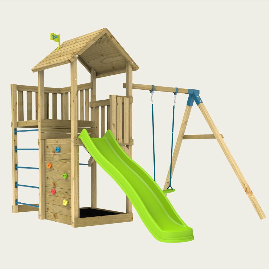 The TP Toys Skywood Wooden Tower Climbing Frame features a ripple slide, sky deck, single swing arm, and a cozy playhouse—an FSC® certified outdoor set for endless backyard fun.