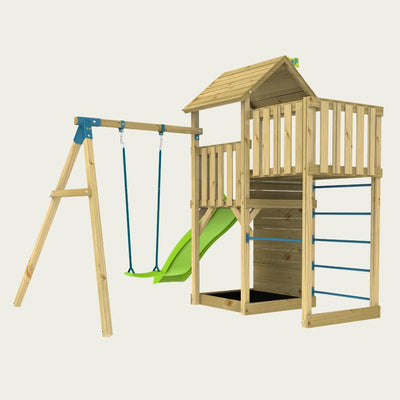 The TP Toys Skywood Wooden Tower Climbing Frame features a Ripple Slide, Sky Deck, ladder, and single swing arm—crafted from FSC® certified wood for adventurous outdoor play inspired by TP Toys’ quality.