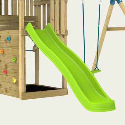 A bright green Ripple slide is attached to the TP Toys Skywood Wooden Tower Climbing Frame with Sky Deck and Single Swing Arm (FSC® certified), which features climbing holds and a swing.