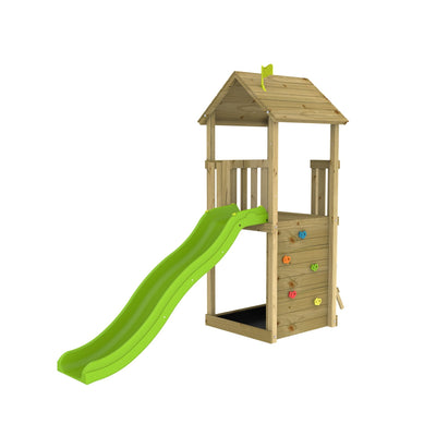 The TP Skywood Wooden Play Tower by TP Toys is an FSC® certified outdoor playset with a covered platform, green wavy slide, modular climbing tower with colorful grips, and a sandpit underneath for endless fun.