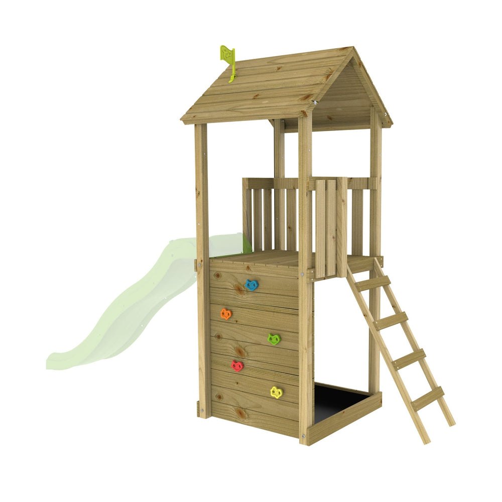 The TP Toys TP Skywood Wooden Play Tower - FSC® certified includes a ladder, small climbing wall, covered platform, and green slide—an ideal modular outdoor climbing tower for active play.