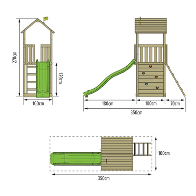 Diagram of the TP Skywood Wooden Tower Climbing Frame with Ripple Slide by TP Toys, FSC® certified; features a climbing tower, ladder, and 8ft slide with labeled height, width, and depth dimensions.