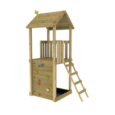 The TP Skywood Wooden Tower Climbing Frame with Ripple Slide from TP Toys features a ladder, climbing tower, and an 8ft Ripple slide for extra fun. FSC® certified.