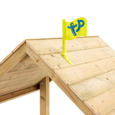 A small yellow flag with blue symbols is attached to the peak of the TP Toys Skywood Wooden Tower Climbing Frame with Ripple Slide, FSC® certified.