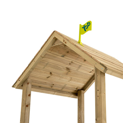 A wooden playhouse roof with a yellow flag featuring a green logo, designed for the TP Skywood Wooden Play Tower - FSC® certified by TP Toys, ideal for modular climbing frame setups.