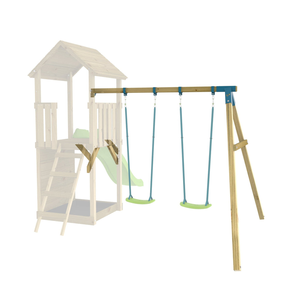 TP Toys’ Skywood Wooden Double Swing Arm—FSC® certified—features two green Rapide Swing Seats on a horizontal beam, with a climbing frame and slide visible in the background.
