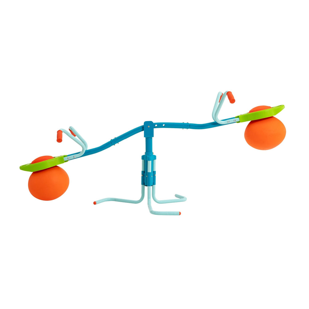 The TP Toys TP Spiro Hop® Seesaw features a blue and green design with orange seats and handles, stable four-leg base, and offers fun spinning action—perfect for outdoor garden play.