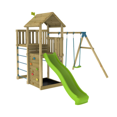 The TP Toys TP Skywood Wooden Tower Climbing Frame features a Ripple Slide, Sky Deck, double swing arm, and is FSC® certified—shown isolated on a white background.