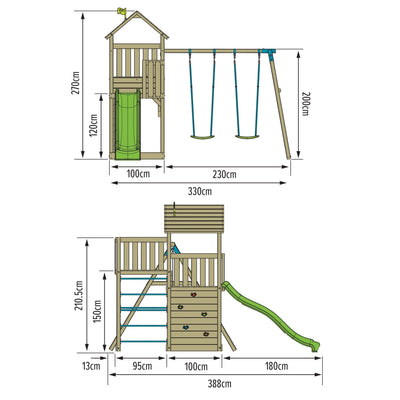 Diagram of the TP Toys TP Skywood Wooden Tower Climbing Frame with Ripple Slide, Sky Deck & Double Swing Arm—FSC® certified—showing tower, slide, climbing wall, ladder, two swings; all dimensions and heights labeled in cm.