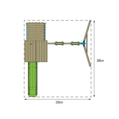 Top-down view of a playground with the TP Toys Skywood Wooden Tower Climbing Frame, Ripple Slide, Sky Deck & Double Swing Arm (FSC® certified). Dimensions: 330 cm x 388 cm.