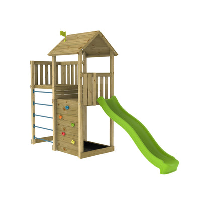 The TP Toys Skywood Wooden Tower Climbing Frame features a roofed Sky Deck, ripple slide, climbing wall, and blue ladder. Made from FSC® certified wood for safe, eco-friendly play.
