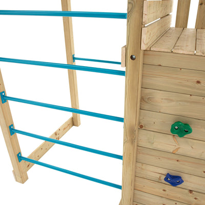The TP Toys Skywood Wooden Tower Climbing Frame with Ripple Slide & Sky Deck, made from FSC® certified wood, delivers a safe and eco-friendly play experience.