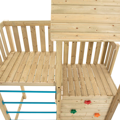 The TP Skywood Wooden Tower Climbing Frame with Ripple Slide & Sky Deck by TP Toys is made from FSC® certified wood and features a covered platform, open balcony, climbing wall with colorful holds, and metal bars for adventurous kids.