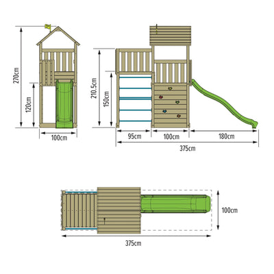 A drawing of a playground with dimensions, featuring the TP Toys Skywood Wooden Tower Climbing Frame with Ripple Slide & Sky Deck—crafted from FSC® certified wood.