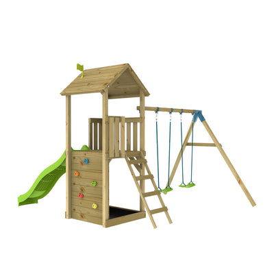 The TP Toys TP Skywood Wooden Tower Climbing Frame features a covered platform, ladder, green ripple slide, outdoor climbing wall, double swing arm, and a sandbox area beneath. FSC® certified for safe outdoor play.