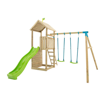 The TP Toys TP Skywood Wooden Tower Climbing Frame features a small clubhouse, ripple slide, ladder, and double swing arm—FSC® certified for hours of fun outdoors.
