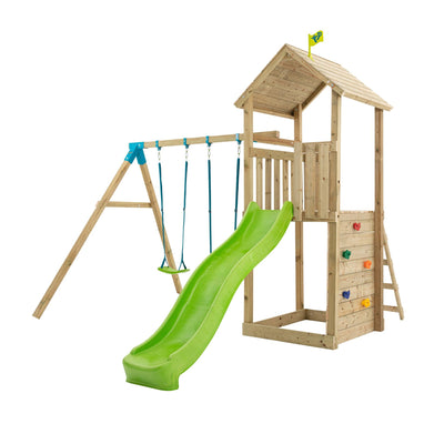 The TP Toys Skywood Wooden Tower Climbing Frame features a green Ripple slide, double swing arm, outdoor climbing wall, small ladder, covered play tower with yellow flag, and is FSC® certified.