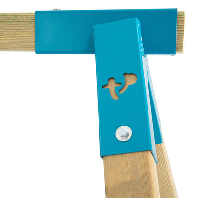 Close-up of a blue metal bracket with bolt and cut-out shapes, securing wooden beams on the TP Toys Skywood Wooden Tower Climbing Frame with Ripple Slide & Double Swing Arm – FSC® certified.