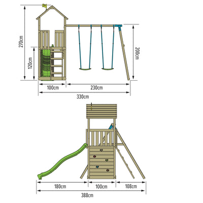 Diagram of the TP Skywood Wooden Tower Climbing Frame by TP Toys, showing front and side views with labeled cm dimensions—features Ripple Slide, double swing arm, ladder, outdoor climbing wall; made from FSC® certified wood.