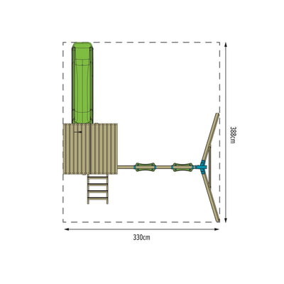Top-down view of the TP Toys Skywood Wooden Tower Climbing Frame with Ripple Slide & Double Swing Arm—includes ladder, platform, slide, balance beam, and swings; FSC® certified; overall size: 330 cm x 380 cm.