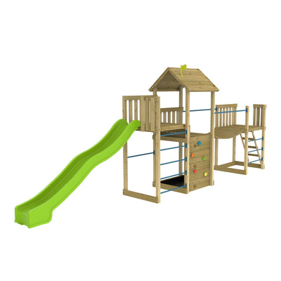The TP Toys TP Skywood Wooden Tower Climbing Frame features a Sky Deck, super wavy green slide, climbing wall, two railed platforms, a Sky Bridge, and ladder steps. FSC® certified for eco-friendly outdoor play.