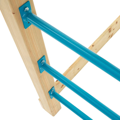 Close-up of the TP Toys Skywood Wooden Tower Climbing Frame, highlighting three blue horizontal metal bars securely fixed to the FSC® certified wooden frame with sturdy metal brackets and bolts.