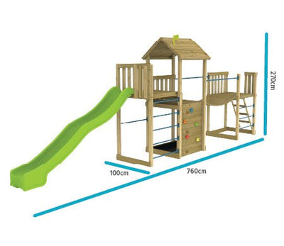 The TP Toys Skywood Wooden Tower Climbing Frame features a Sky Deck, super wavy slide, Sky Bridge, and mini tower. Dimensions: 760x100x270 cm. FSC® certified—perfect for active play and adventure.