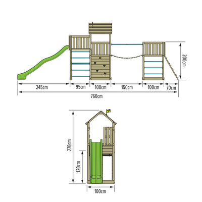 Diagram of the TP Toys Skywood Wooden Tower Climbing Frame with Sky Deck, Super Wavy Slide, Sky Bridge & Mini Tower (FSC® certified) showing labeled height, width, and length dimensions in centimeters.