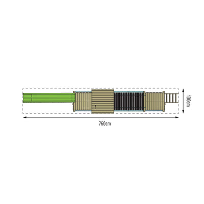 A top-down technical drawing of the TP Toys Skywood Wooden Tower Climbing Frame (760 cm x 100 cm), featuring green, beige, and black sections, with dashed lines for dimensions; includes Sky Deck, Super Wavy Slide, Sky Bridge & Mini Tower.
