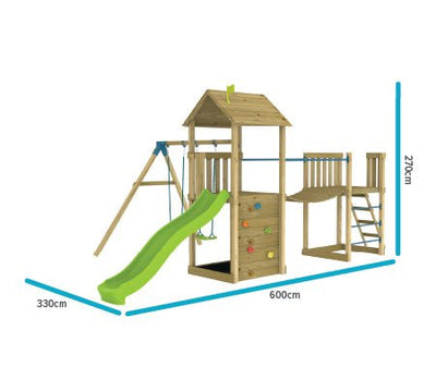 The TP Toys Skywood Wooden Tower Climbing Frame features a ripple slide, sky bridge, mini tower, and double swing arm. FSC® certified and spacious at 600x330x270cm, its perfect for endless outdoor fun.