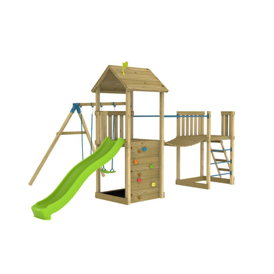 The TP Toys Skywood Wooden Tower Climbing Frame features a Ripple Slide, Sky Bridge, Mini Tower, and Double Swing Arm—FSC® certified for eco-friendly outdoor play.