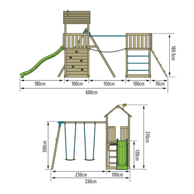Diagram of the TP Toys Skywood Wooden Tower Climbing Frame, featuring a ripple slide, sky bridge, mini tower, double swing arm, ladders, and climbing walls. Dimensions are shown in centimeters for height and width.