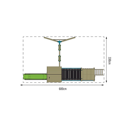 Top view diagram of the TP Skywood Wooden Tower Climbing Frame by TP Toys, featuring a ripple slide, sky bridge, mini tower & double swing arm—FSC® certified; dimensions: 600 cm wide x 330 cm tall.