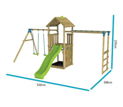 The TP Toys TP Skywood Wooden Tower Climbing Frame features a double swing arm, monkey bars, ripple slide, climbing wall, and ladder; FSC® certified. Dimensions: 530cm (W) x 388cm (D) x 270cm (H).