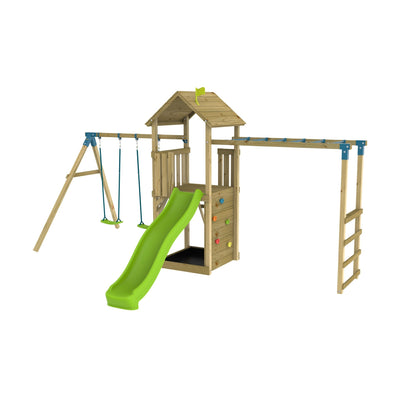 The TP Toys TP Skywood Wooden Tower Climbing Frame, FSC® certified, features a Ripple Slide, monkey bars, double swing arm, climbing wall, ladder, small covered platform & sturdy design for hours of outdoor fun.