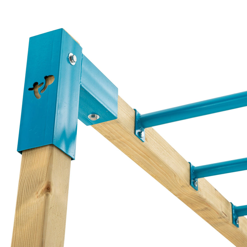 Close-up of a wooden frame with blue metal brackets and rungs, part of the TP Toys Skywood Wooden Tower Climbing Frame with Ripple Slide, Monkey Bars & Double Swing Arm – FSC® certified.