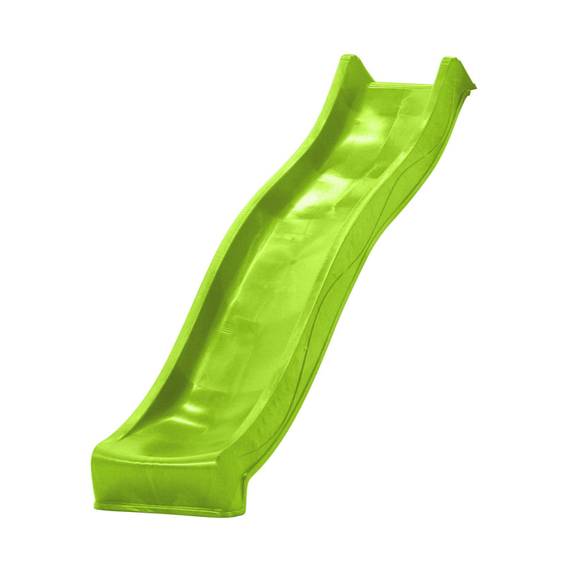 A bright green plastic Ripple Slide with raised sides, shown at an angle against a white background, ideal for use with the TP Skywood Wooden Tower Climbing Frame by TP Toys.