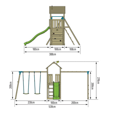 Diagram of the TP Toys Skywood Wooden Tower Climbing Frame with Ripple Slide, Monkey Bars & Double Swing Arm (FSC® certified) showing two swings, slide, ladder, platform; dimensions in cm included for front and side views.