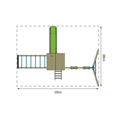 Top-down schematic of the TP Toys Skywood Wooden Tower Climbing Frame with Ripple Slide, Monkey Bars & Double Swing Arm (FSC® certified), measuring 530 cm x 388 cm.