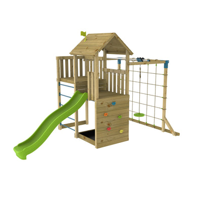TP Toys’ TP Skywood Wooden Tower Climbing Frame features a Ripple Slide, Sky Deck, Skyline & Flying Fox Add On—an FSC® certified modular playset for endless outdoor adventure.
